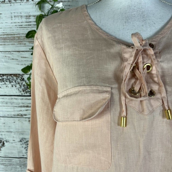 Ellen Tracy Company Tunic Blouse Large Peach Linen Sailor Beach Modest Church - Picture 7 of 13